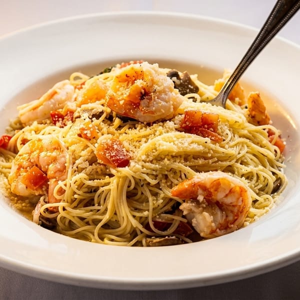 Shrimp scampi with angel hair pasta, diced tomatoes, and grated cheese in a white bowl.