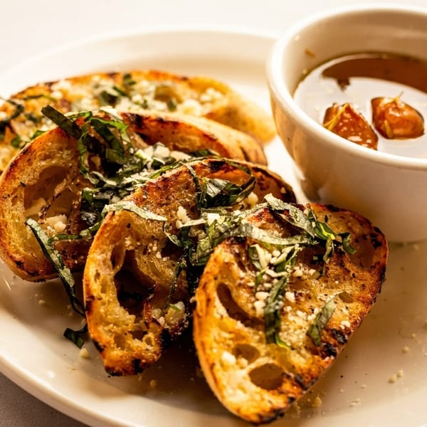 Toasted bread slices topped with herbs and cheese, served with a side of dipping oil.