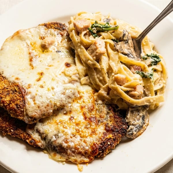 Chicken parmesan with melted cheese and a side of creamy fettuccine pasta with mushrooms and spinach.