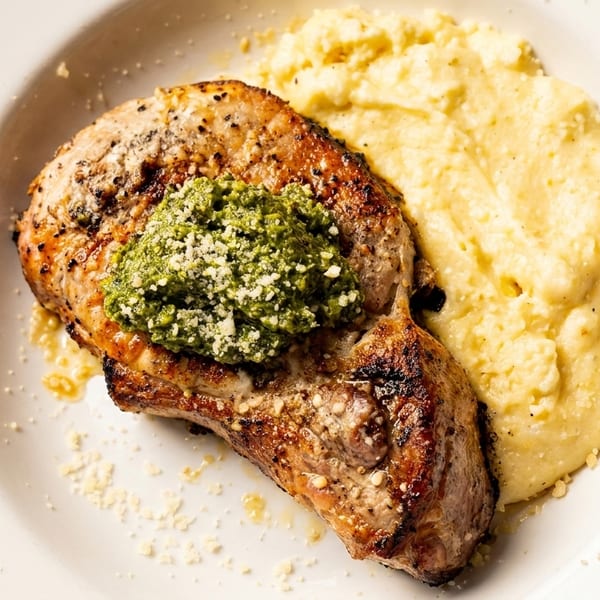 Grilled pork chop topped with green pesto and parmesan, served with creamy polenta on a white plate.