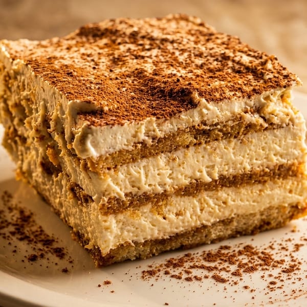 A square slice of tiramisu with visible layers of cake and cream, dusted with cocoa powder.