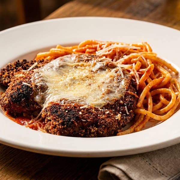 Chicken parmesan with melted cheese and spaghetti in tomato sauce on a white plate.